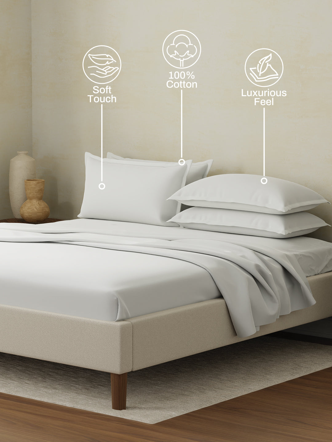 Cotton Charm 400 TC 100% Cotton King Size Dyed Bedsheet with 4 Pillow Covers - Bright White