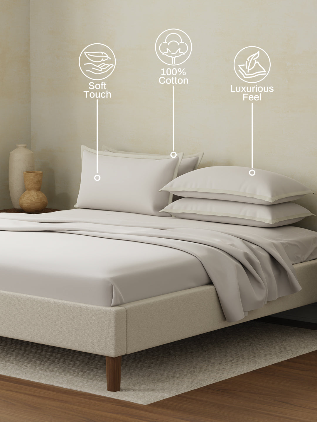 Cotton Charm 400 TC 100% Cotton King Size Dyed Bedsheet with 4 Pillow Covers - Moonbeam