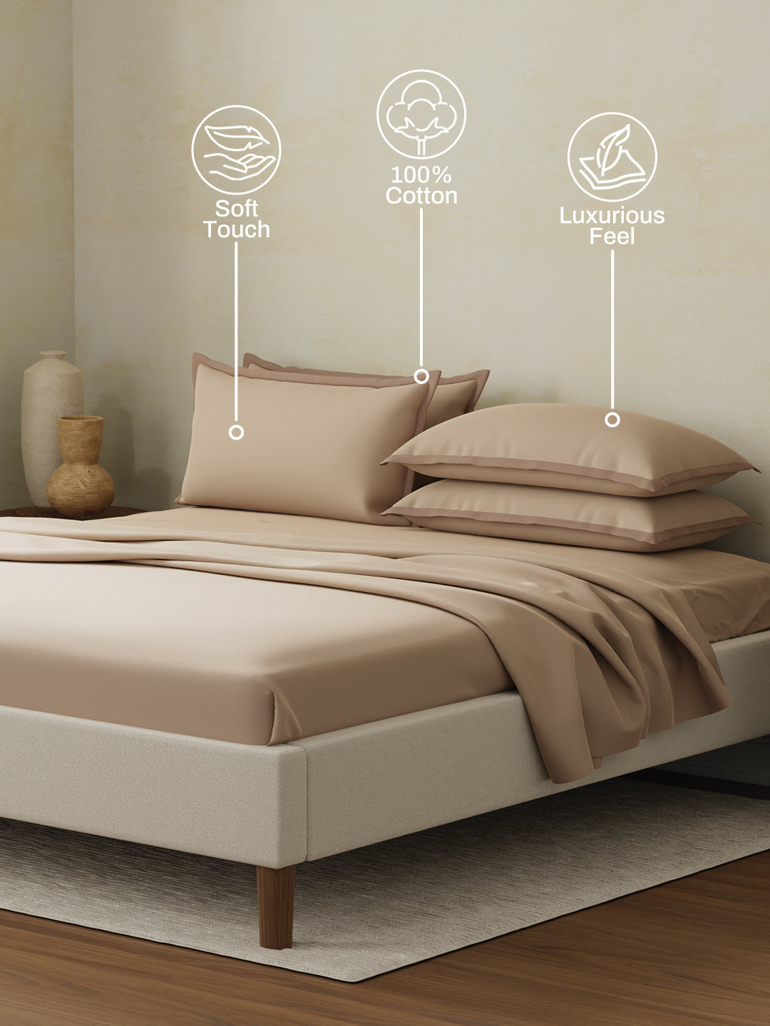 Cotton Charm 400 TC 100% Cotton Beige King Size Dyed Bedsheet with 4 Pillow Covers - Brush