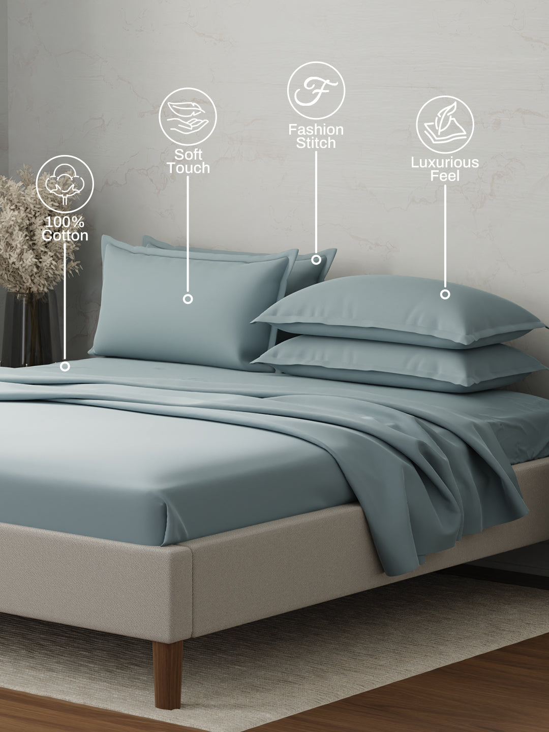 100% Cotton 300 TC, King Size Dyed Bedsheet with 4 Pillow Covers, Emblem Collection - Arona