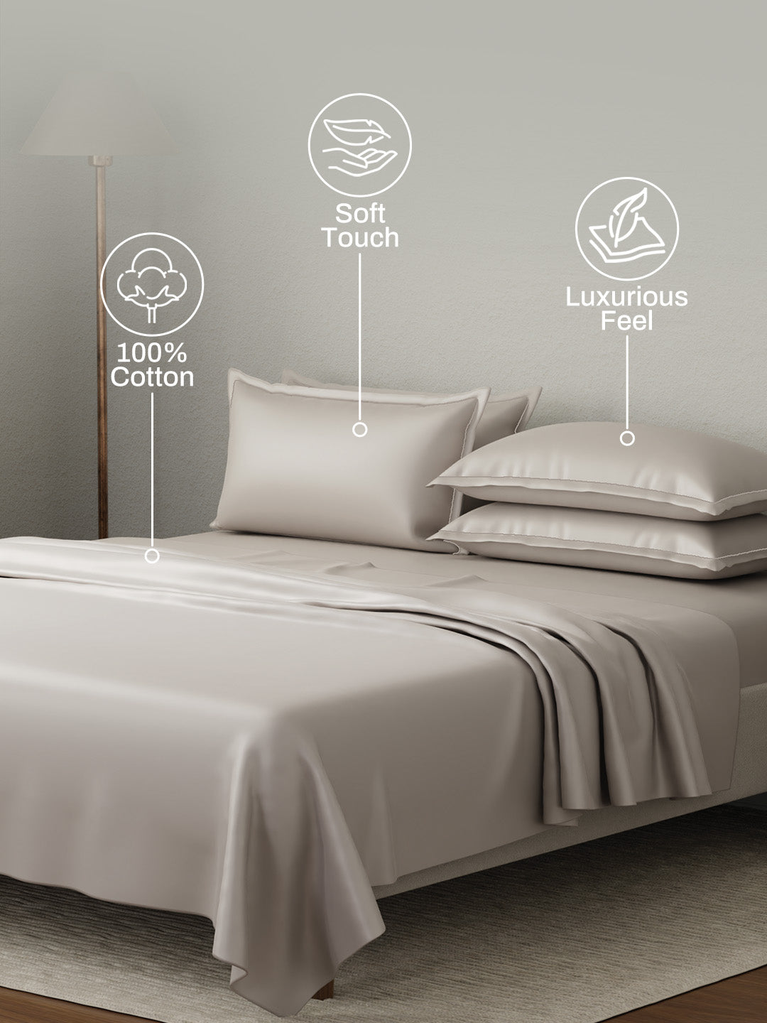 Kind Bedsheet Set, 100% Cotton 600 TC, Dyed Wild Mushroom (Dark Grey), Luxe Loom