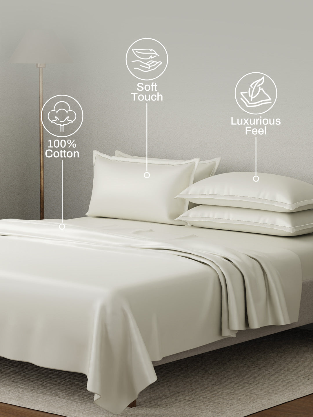 Kind Bedsheet Set, 100% Cotton 600 TC, Dyed Mother of Pearl (Off-White), Luxe Loom