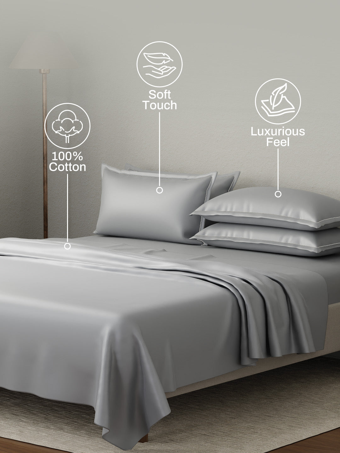 Kind Bedsheet Set, 100% Cotton 600 TC, Dyed Mouse Grey (Grey), Luxe Loom