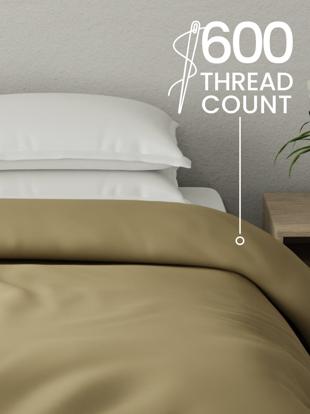 Beige bedding set with white pillows on a bed, featuring '600 Thread Count' text.