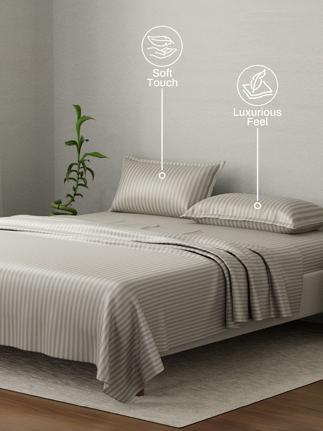 100% Cotton King Bedsheet Set, 210 TC Pumice Stone (Grey) Stripes, Elegant Collection