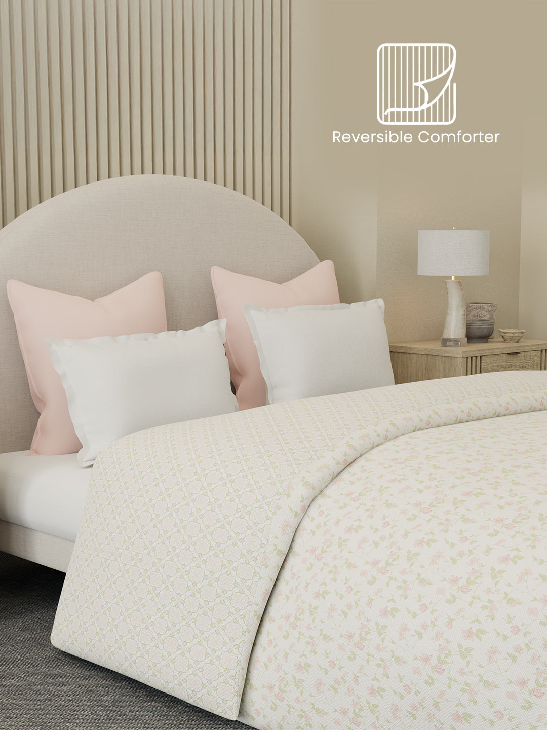 Reversible Double Comforter 100% Cotton 300 TC — Pink Floral Design | For Mild Winter, All Season Cottage Garden Collection, Cozy Winter Bedding