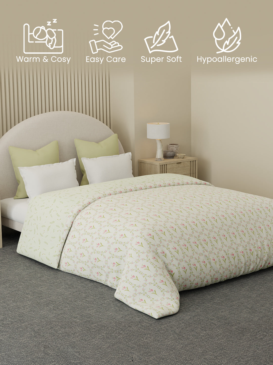 Reversible Double Comforter 100% Cotton 300 TC — Green & Pink Floral Design | For Mild Winter, All Season Cottage Garden Collection, Cozy Winter Bedding