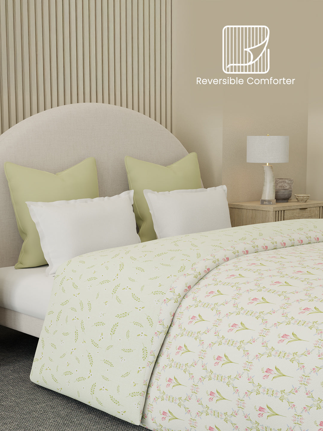 Reversible Double Comforter 100% Cotton 300 TC — Green & Pink Floral Design | For Mild Winter, All Season Cottage Garden Collection, Cozy Winter Bedding