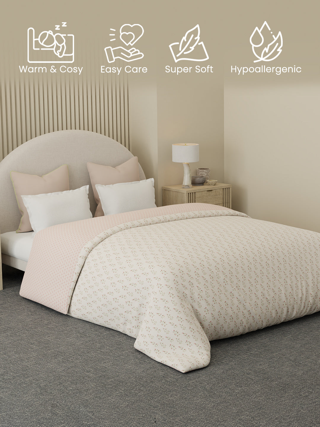 Reversible Double Comforter 100% Cotton 300 TC — Pink Floral Design | For Mild Winter, All Season Cottage Garden Collection, Cozy Winter Bedding