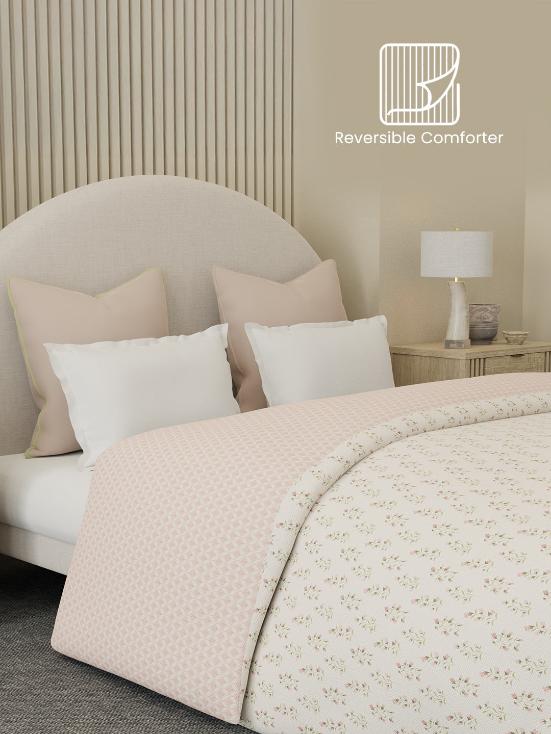 Reversible Double Comforter 100% Cotton 300 TC — Pink Floral Design | For Mild Winter, All Season Cottage Garden Collection, Cozy Winter Bedding