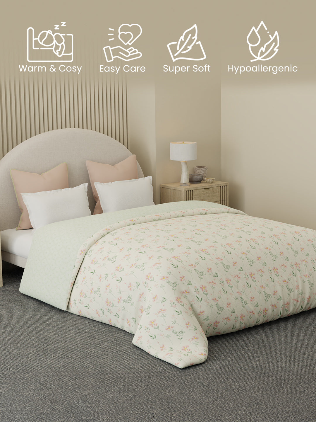 Reversible Double Comforter 100% Cotton 300 TC — Pink & Green Floral Design | For Mild Winter, All Season Cottage Garden Collection, Cozy Winter Bedding