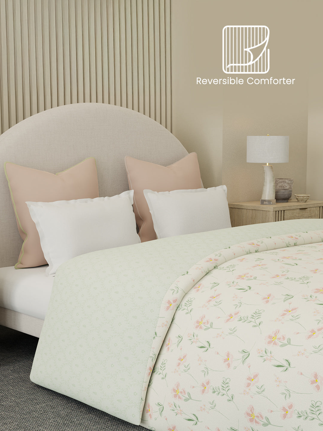 Reversible Double Comforter 100% Cotton 300 TC — Pink & Green Floral Design | For Mild Winter, All Season Cottage Garden Collection, Cozy Winter Bedding