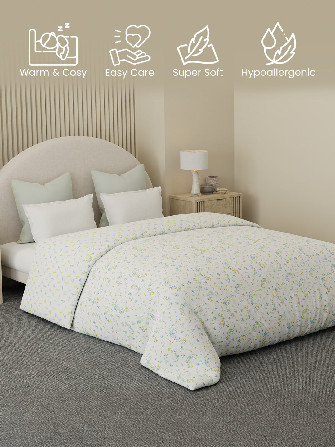 Reversible Double Comforter 100% Cotton 300 TC — Blue & Green Floral Design | For Mild Winter, All Season Cottage Garden Collection, Cozy Winter Bedding