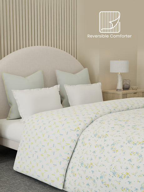 Reversible Double Comforter 100% Cotton 300 TC — Blue & Green Floral Design | Cottage Garden Collection, Cozy Winter Bedding
