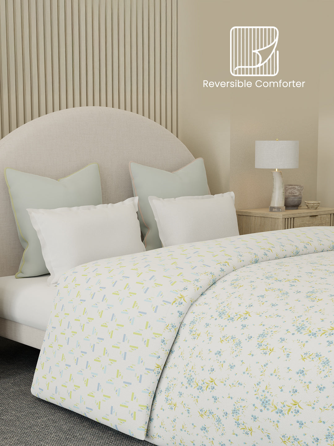 Reversible Double Comforter 100% Cotton 300 TC — Blue & Green Floral Design | For Mild Winter, All Season Cottage Garden Collection, Cozy Winter Bedding