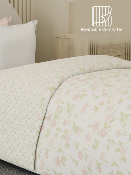 Reversible Single Comforter 100% Cotton 300 TC —  Pink Floral Design | Cottage Garden Collection, Cozy Winter Bedding