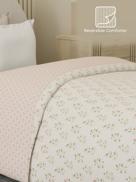Reversible Single Comforter 100% Cotton 300 TC — Pink Floral Design | Cottage Garden Collection, Cozy Winter Bedding