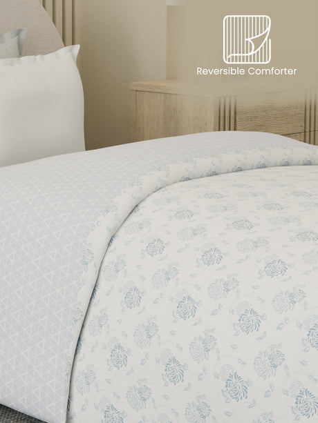 Reversible Single Comforter 100% Cotton 300 TC — Blue Floral Design | Cottage Garden Collection, Cozy Winter Bedding