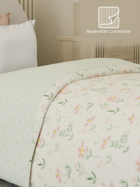 Reversible Single Comforter 100% Cotton 300 TC — Pink & Green Floral Design | Cottage Garden Collection, Cozy Winter Bedding