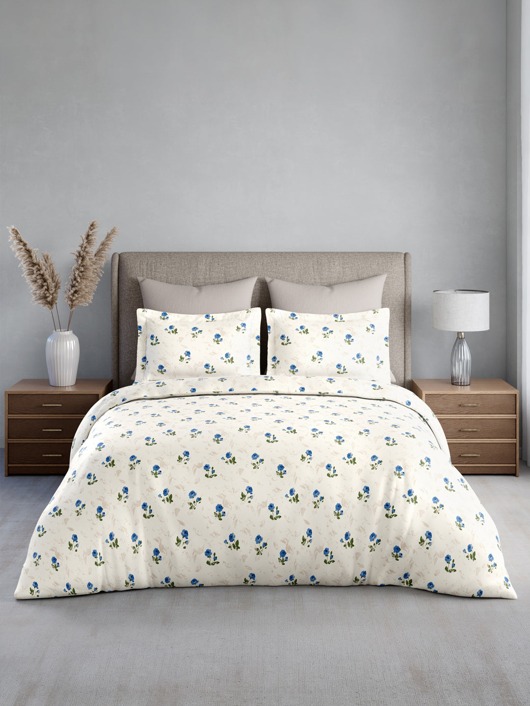 Reversible Double Comforter 100% Cotton 300 TC — Blue Floral Design | For Mild Winter, All Season Cottage Garden Collection, Cozy Winter Bedding
