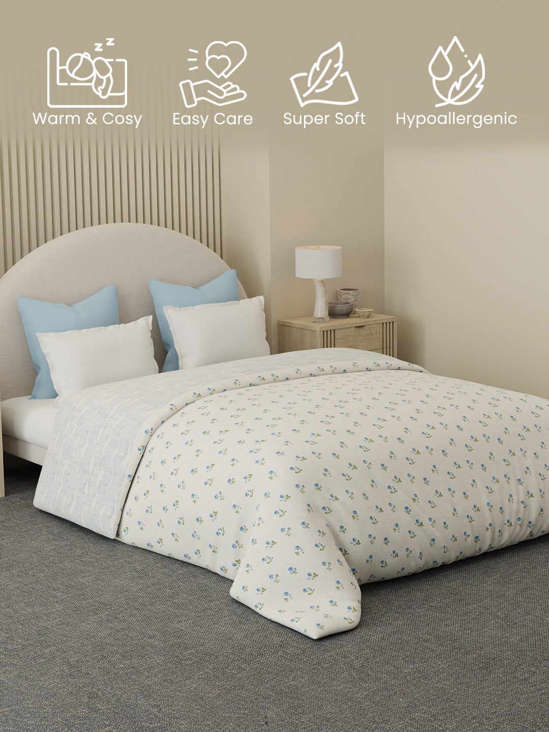 Reversible Double Comforter 100% Cotton 300 TC — Blue Floral Design | Cottage Garden Collection, Cozy Winter Bedding