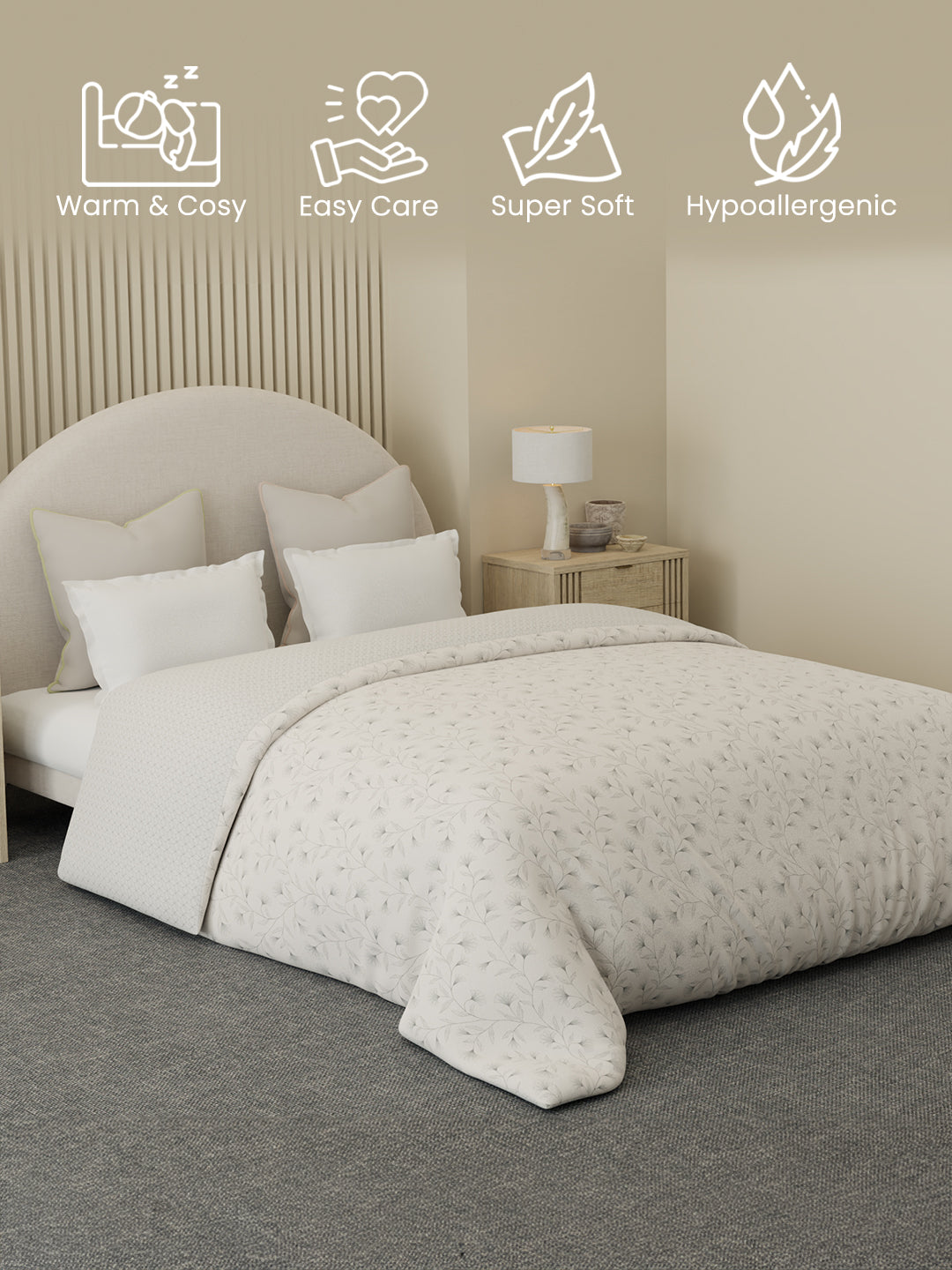 Reversible Double Comforter 100% Cotton 300 TC — Grey Floral Design | For Mild Winter, All Season Cottage Garden Collection, Cozy Winter Bedding