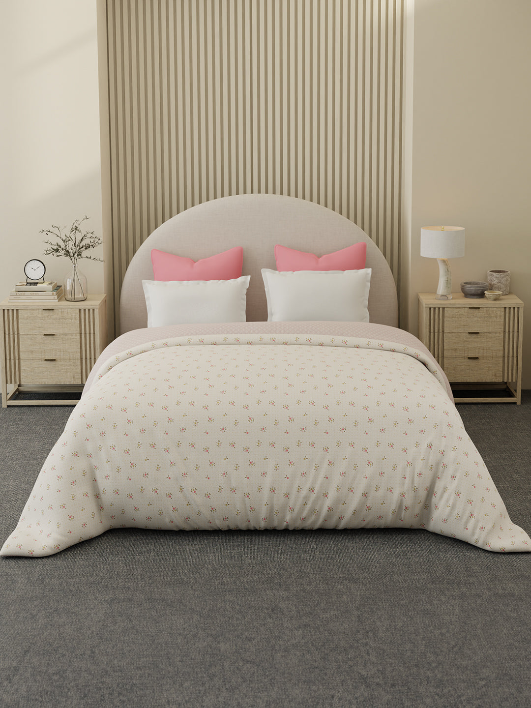 Reversible Double Comforter 100% Cotton 300 TC — Pink Floral Design | For Mild Winter, All Season Cottage Garden Collection, Cozy Winter Bedding