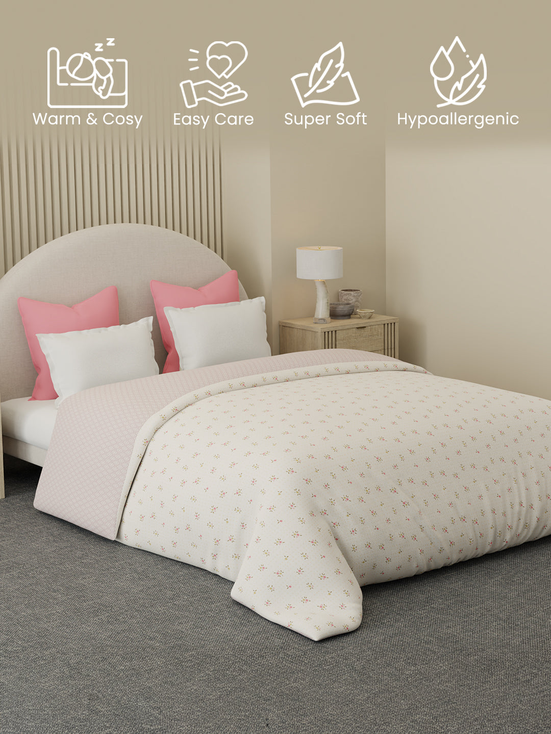 Reversible Double Comforter 100% Cotton 300 TC — Pink Floral Design | For Mild Winter, All Season Cottage Garden Collection, Cozy Winter Bedding