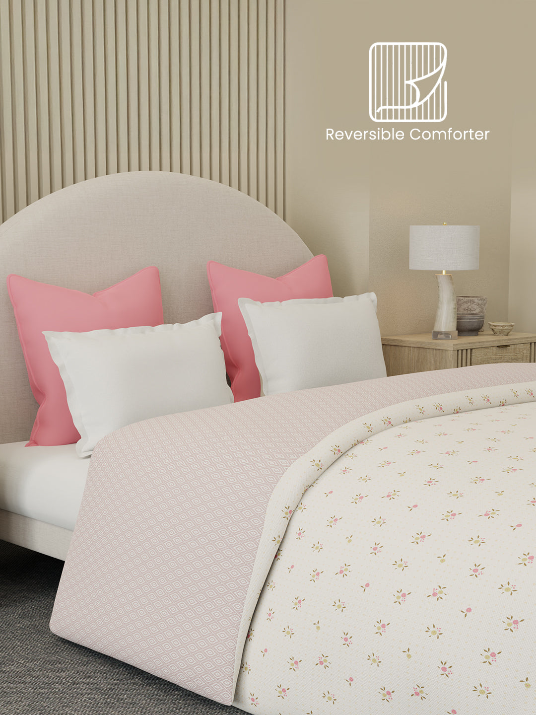 Reversible Double Comforter 100% Cotton 300 TC — Pink Floral Design | For Mild Winter, All Season Cottage Garden Collection, Cozy Winter Bedding
