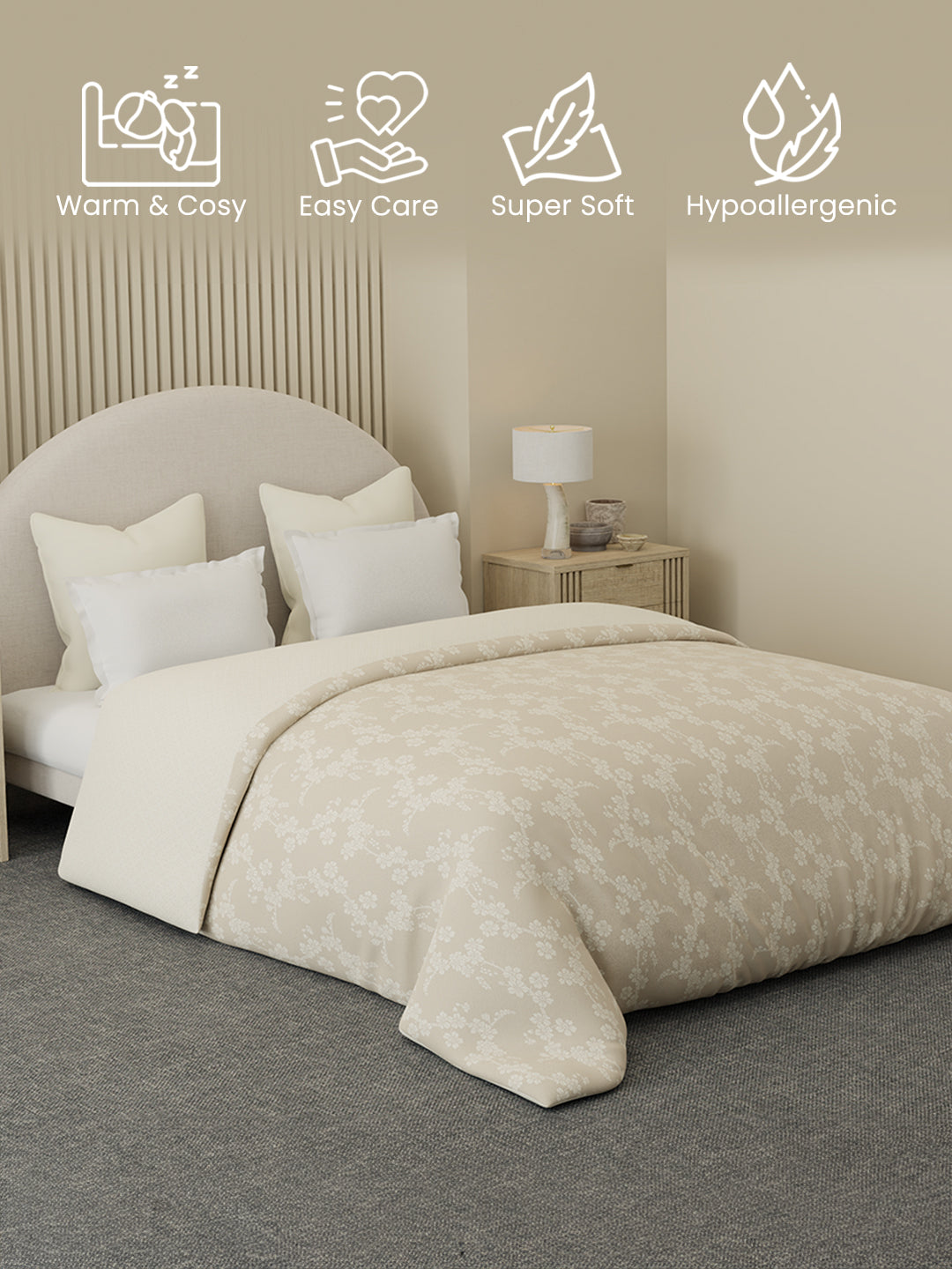 Reversible Double Comforter 100% Cotton 300 TC — Beige Floral Design | For Mild Winter, All Season Cottage Garden Collection, Cozy Winter Bedding