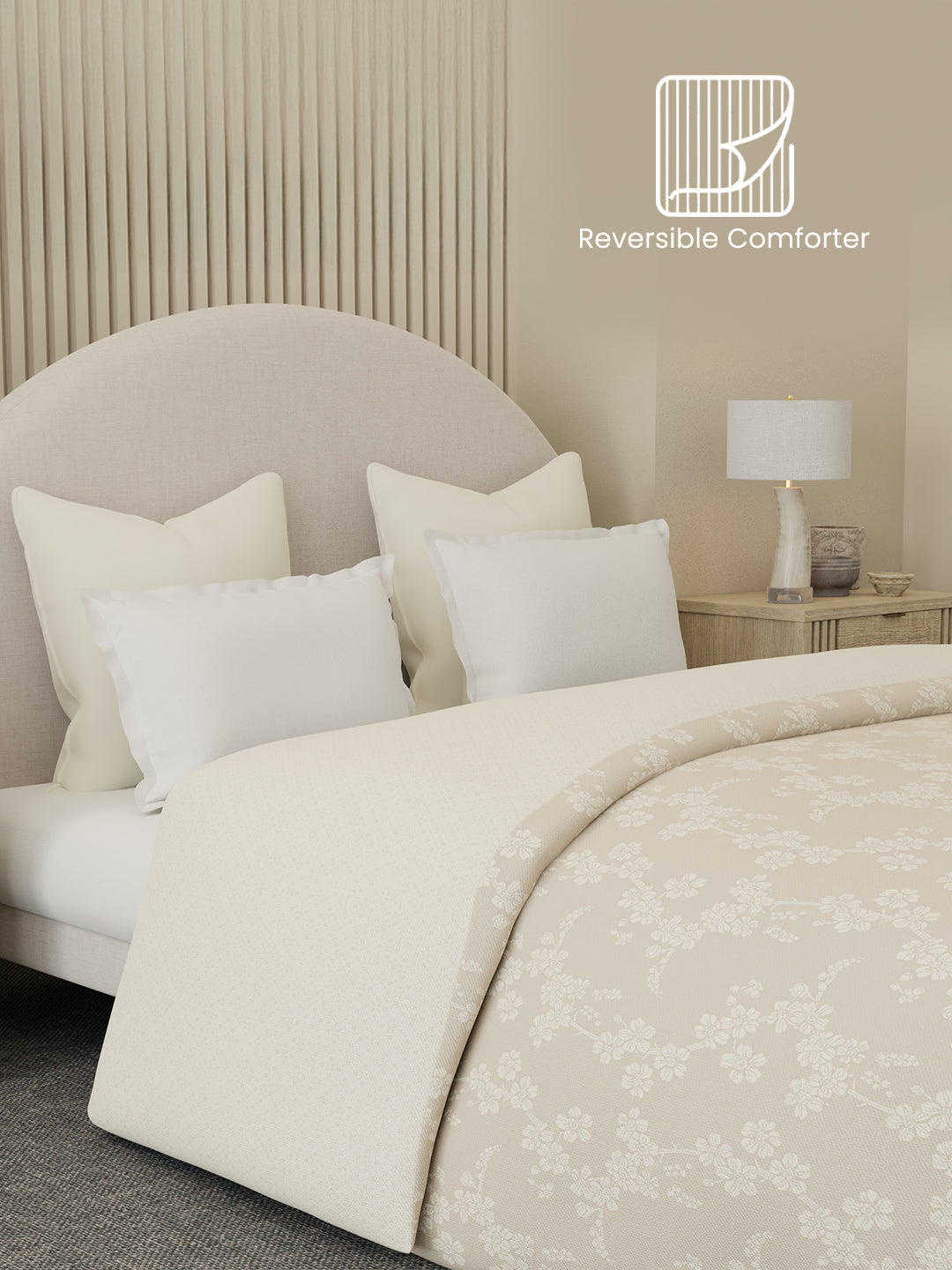 Reversible Double Comforter 100% Cotton 300 TC — Beige Floral Design | For Mild Winter, All Season Cottage Garden Collection, Cozy Winter Bedding