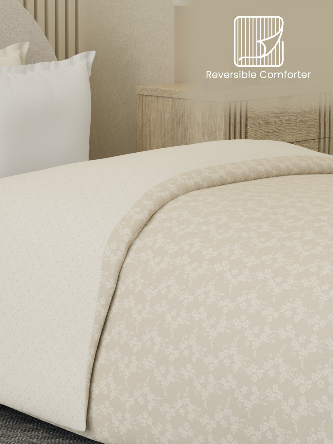 Reversible Single Comforter 100% Cotton 300 TC — Beige Floral Design | For Mild Winter, All Season Cottage Garden Collection, Cozy Winter Bedding