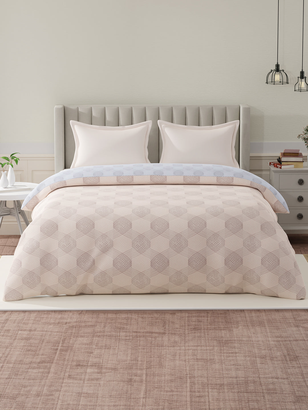 100% Cotton Reversible Double Comforter, 152 TC Cream & Blue Geometrical Print, Embrace Collection