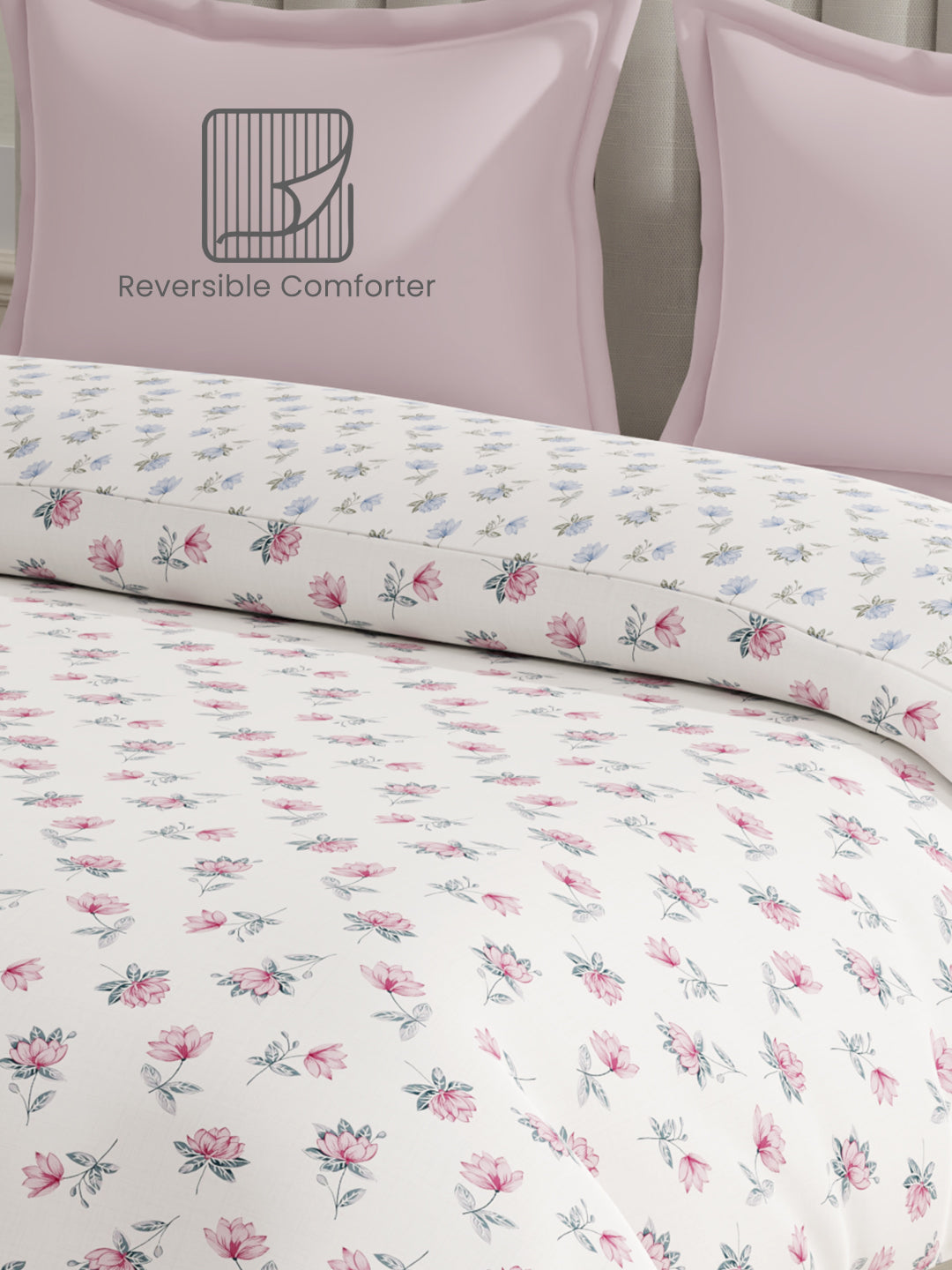 100% Cotton Reversible Double Comforter, 152 TC Blue & Pink Floral Print, Embrace Collection