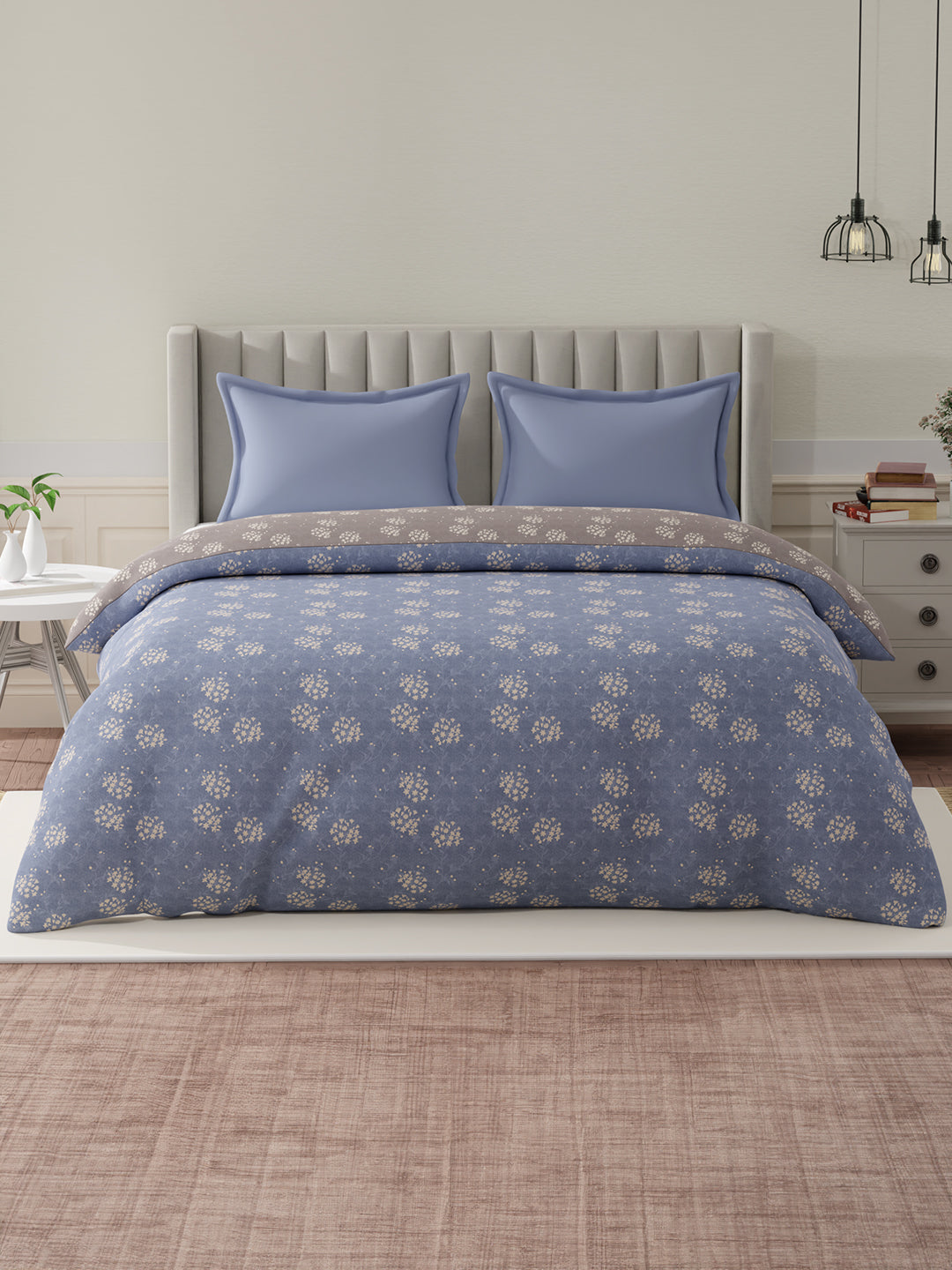 100% Cotton Reversible Double Comforter, 152 TC Blue & Grey Floral Print, Embrace Collection