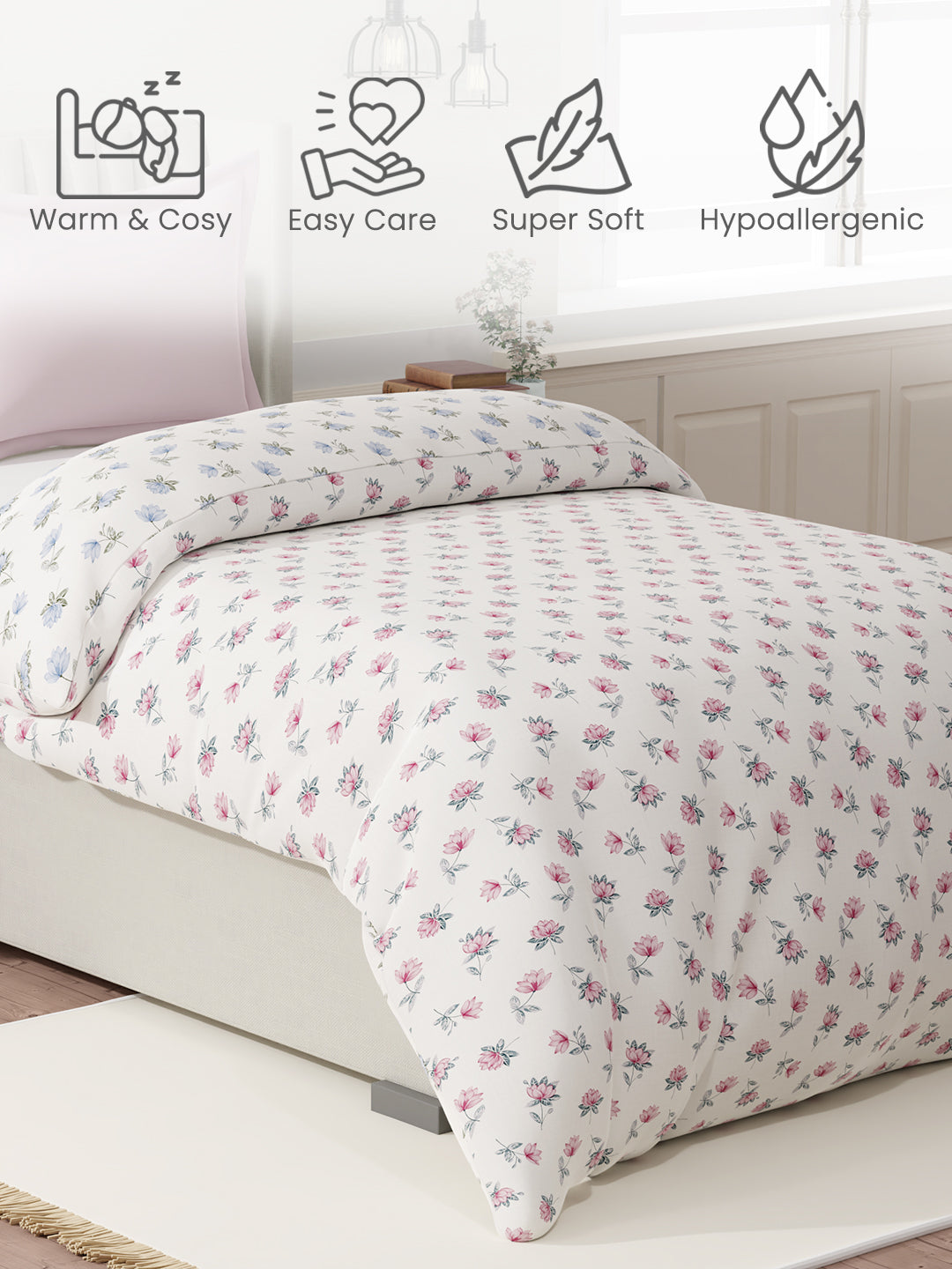100% Cotton Reversible Single Comforter, 152 TC Blue & Pink Floral Print, Embrace Collection
