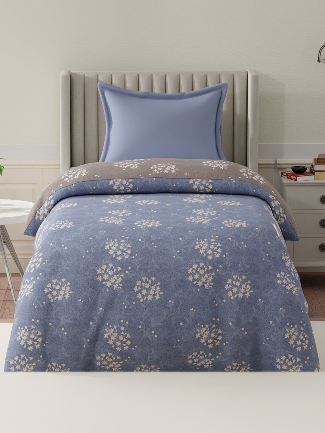 100% Cotton Reversible Single Comforter, 152 TC Blue & Grey Floral Print, Embrace Collection