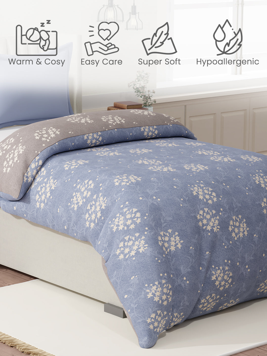 100% Cotton Reversible Single Comforter, 152 TC Blue & Grey Floral Print, Embrace Collection