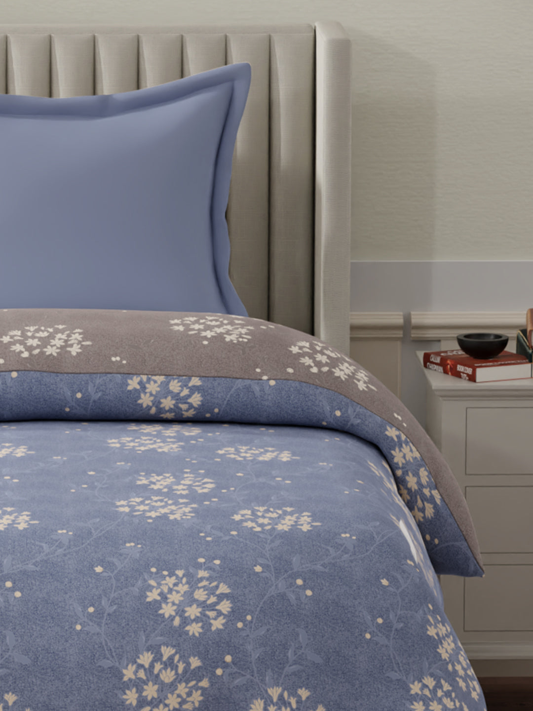 100% Cotton Reversible Single Comforter, 152 TC Blue & Grey Floral Print, Embrace Collection