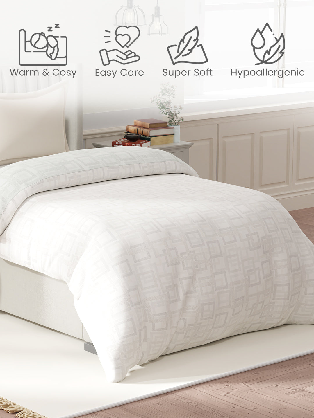 100% Cotton Reversible Single Comforter, 152 TC Grey & Cream Geometrical Print, Embrace Collection