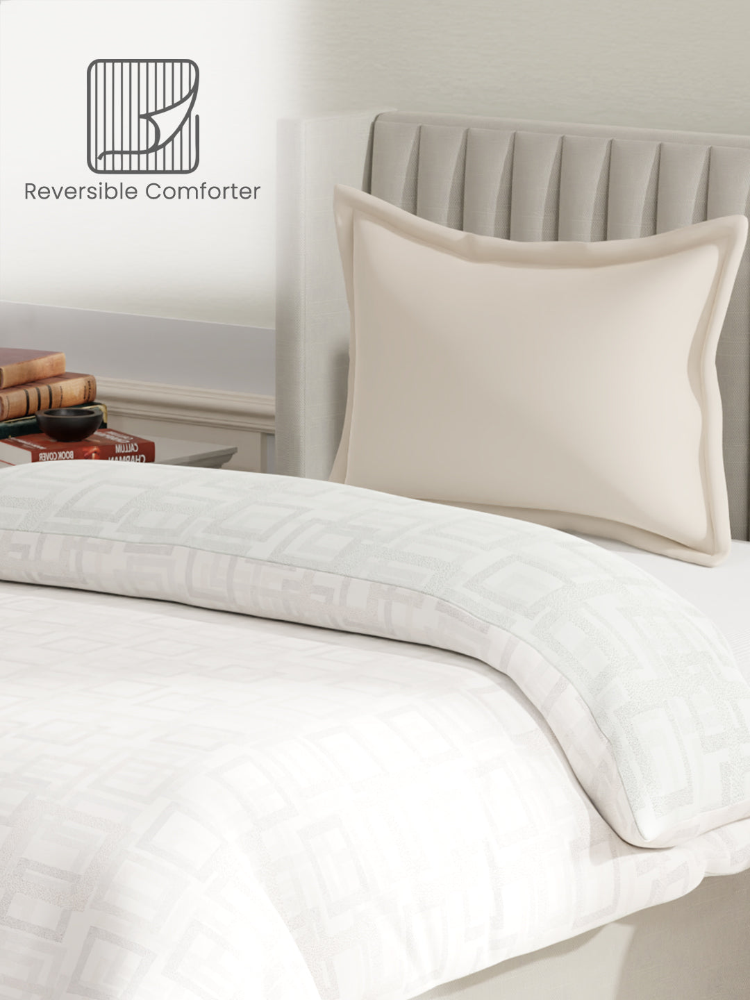100% Cotton Reversible Single Comforter, 152 TC Grey & Cream Geometrical Print, Embrace Collection