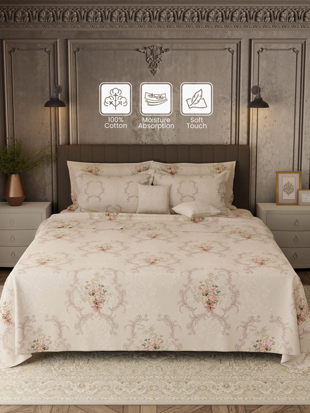 100% Cotton 800 TC, Printed King Bedsheet Set, Platinum Pulse