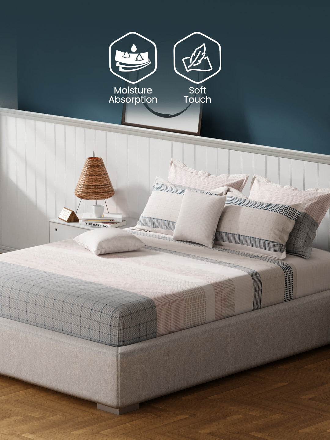 100% Cotton King Bedsheet Set with 4 Pillow Covers & 2 Cushion Covers, 400 TC Multicolor Geometrical, Royal Essence