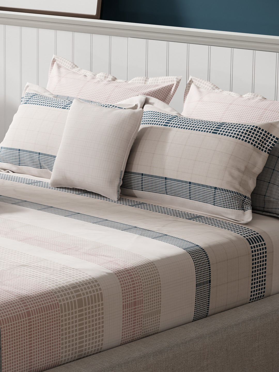 100% Cotton King Bedsheet Set with 4 Pillow Covers & 2 Cushion Covers, 400 TC Multicolor Geometrical, Royal Essence