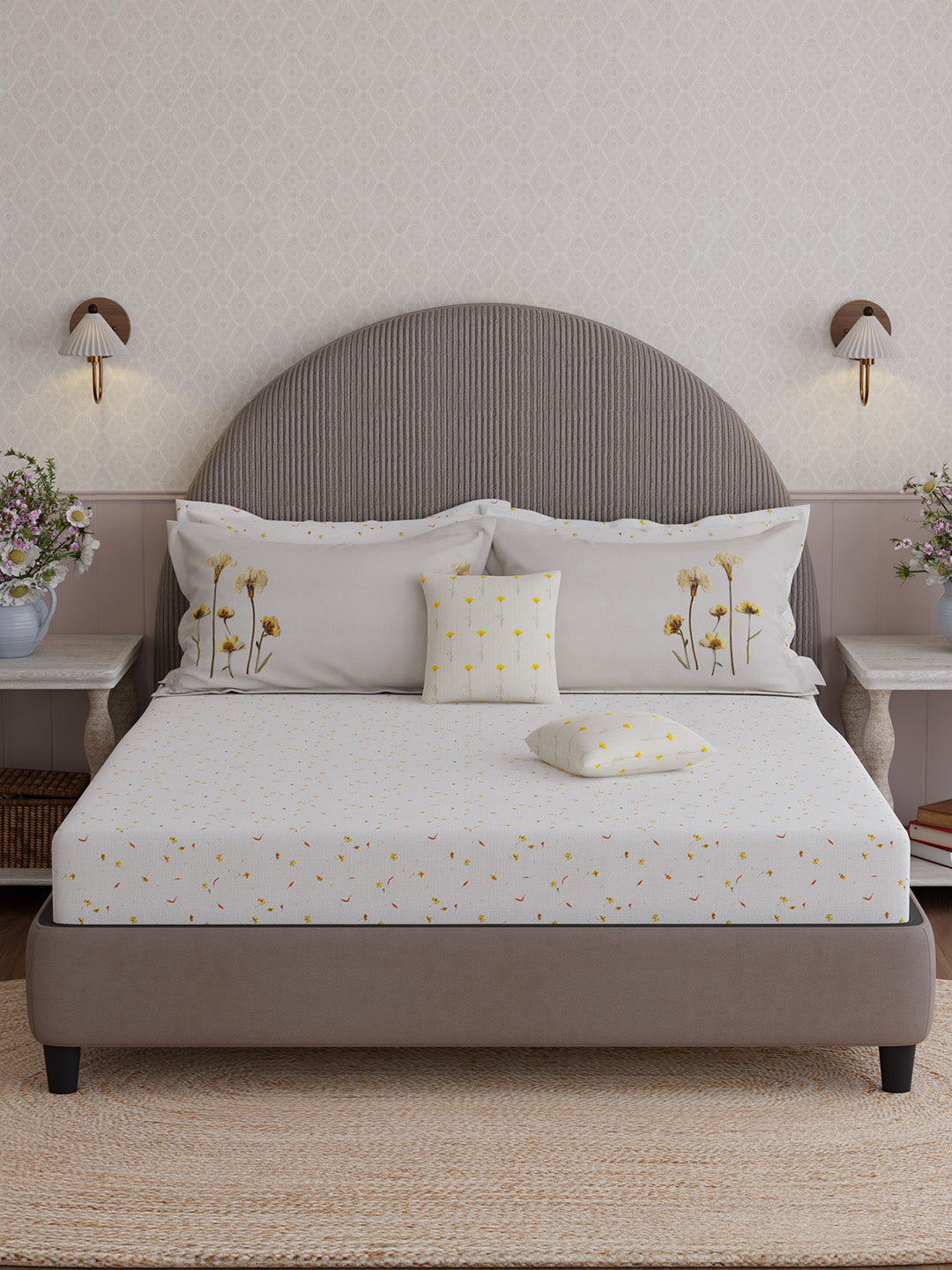 100% Cotton King Bedsheet Set with 4 Pillow Covers & 2 Cushion Covers, 400 TC White Floral, Royal Essence