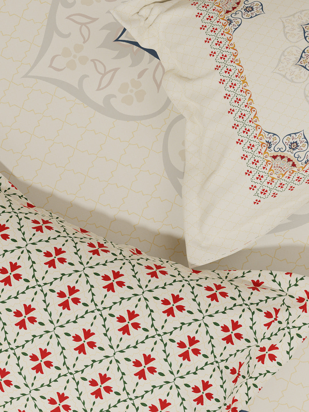 100% Cotton King Bedsheet Set with 4 Pillow Covers & 2 Cushion Covers, 400 TC Beige Ethnic Print, Royal Essence