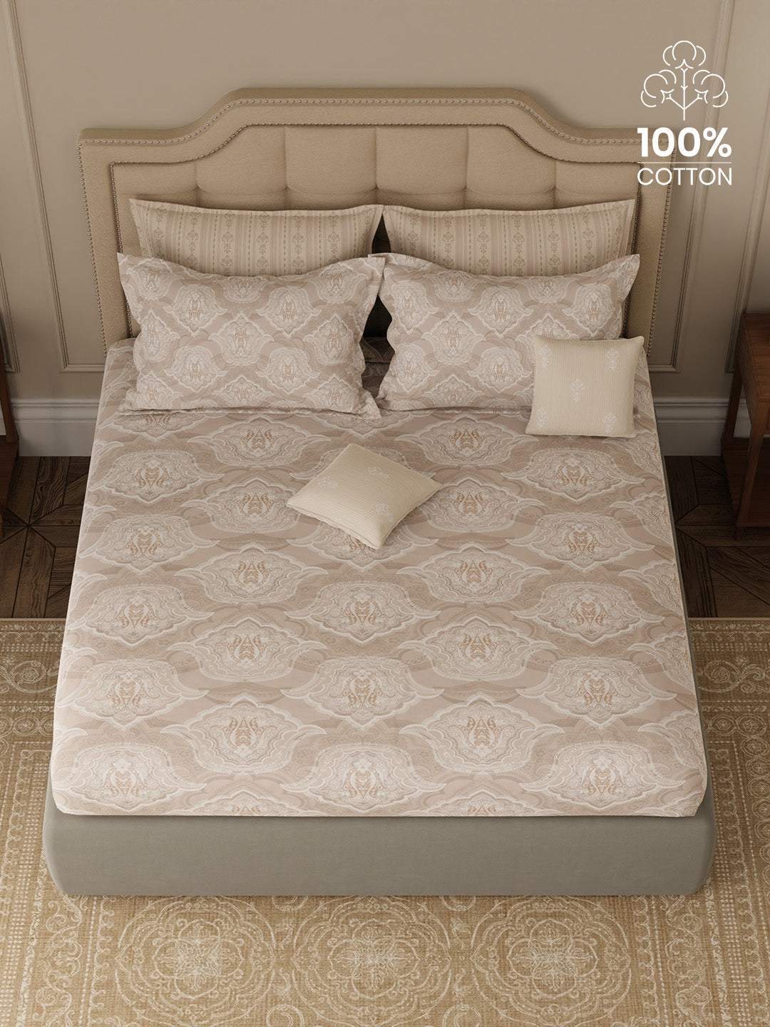 100% Cotton King Bedsheet Set with 4 Pillow Covers & 2 Cushion Covers, 400 TC Grey Ethnic Print, Royal Essence