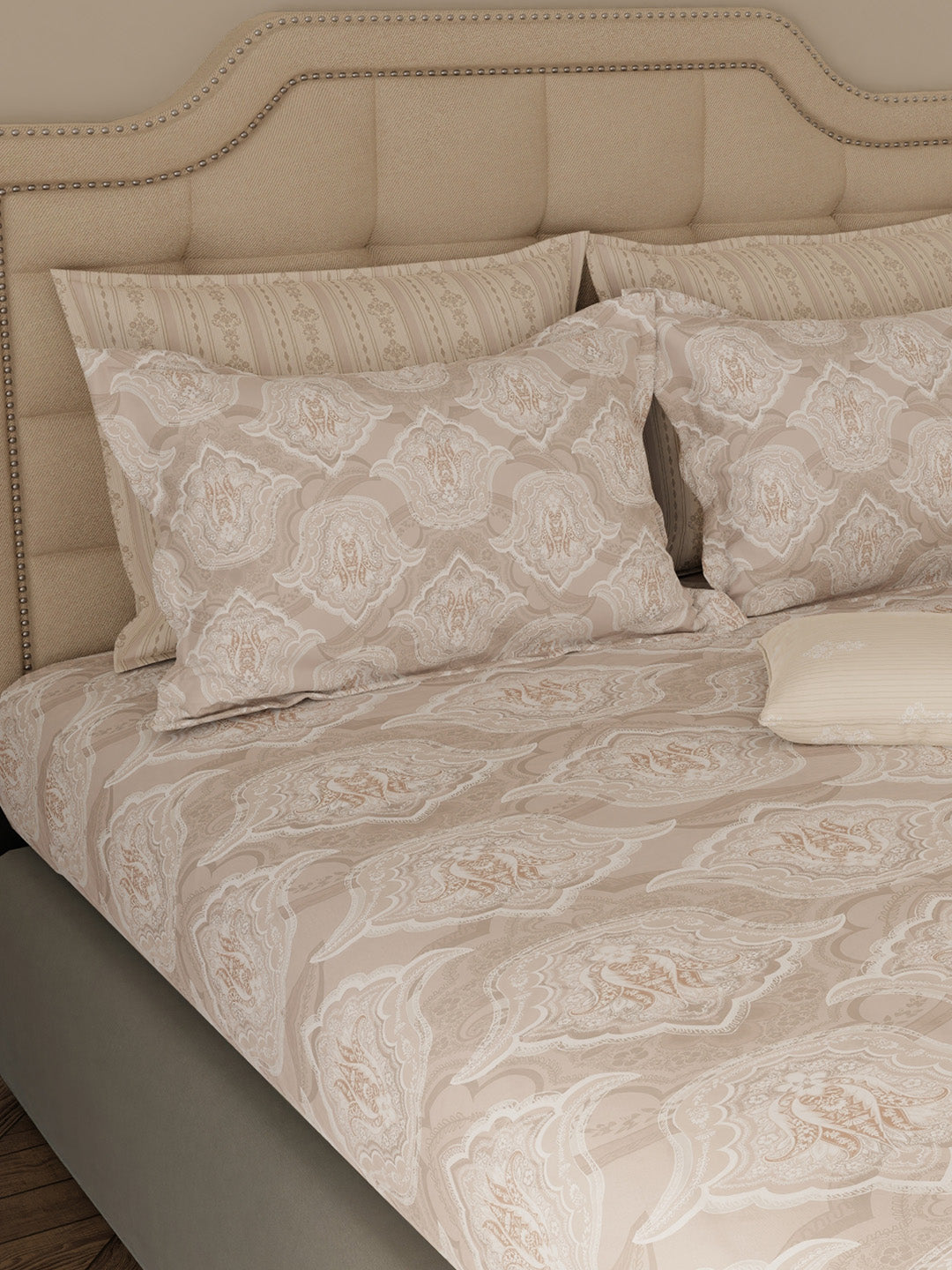 100% Cotton King Bedsheet Set with 4 Pillow Covers & 2 Cushion Covers, 400 TC Grey Ethnic Print, Royal Essence
