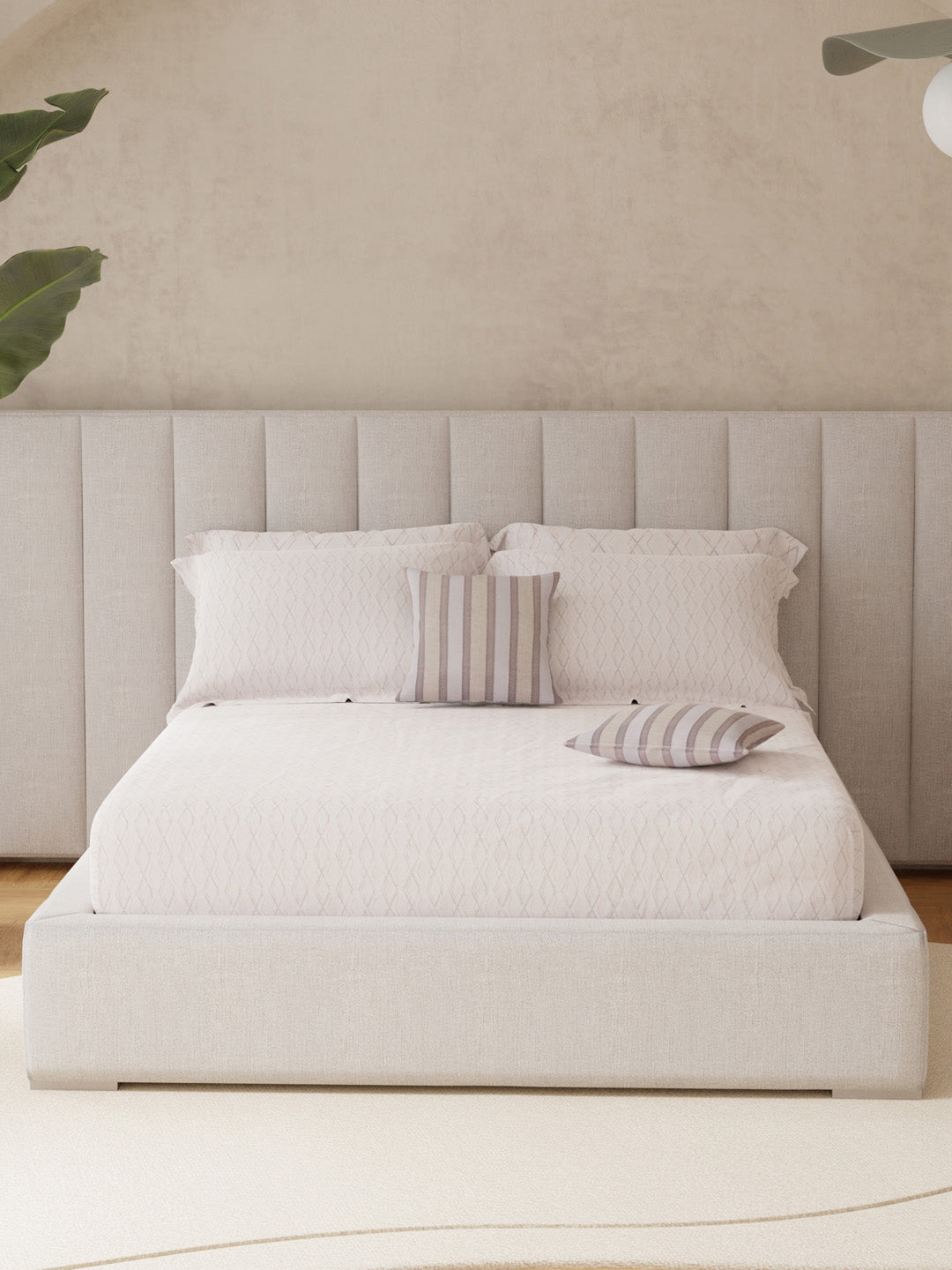 100% Cotton King Bedsheet Set with 4 Pillow Covers & 2 Cushion Covers, 400 TC Cream Geometrical, Royal Essence