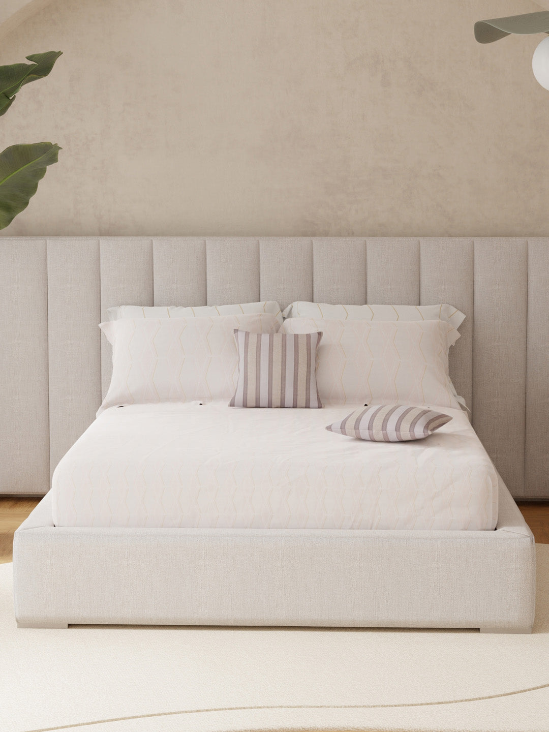 100% Cotton King Bedsheet Set with 4 Pillow Covers & 2 Cushion Covers, 400 TC Cream Stripes, Royal Essence